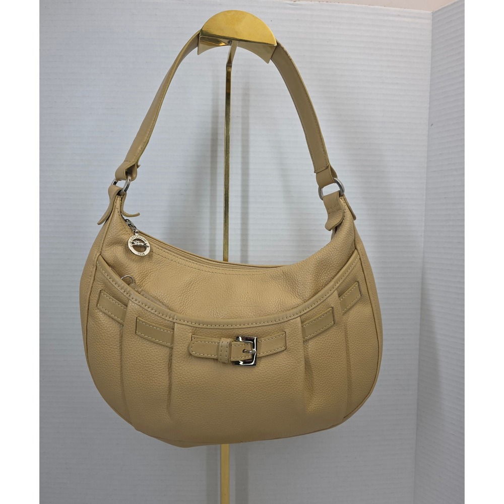 Longchamp Tan Pebbled Leather Hobo Shoulder Bag Buckle Detail Made in France